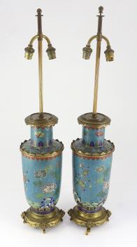 A pair of Chinese cloisonné enamel vases, 19th century with French gilt bronze lamp mounts